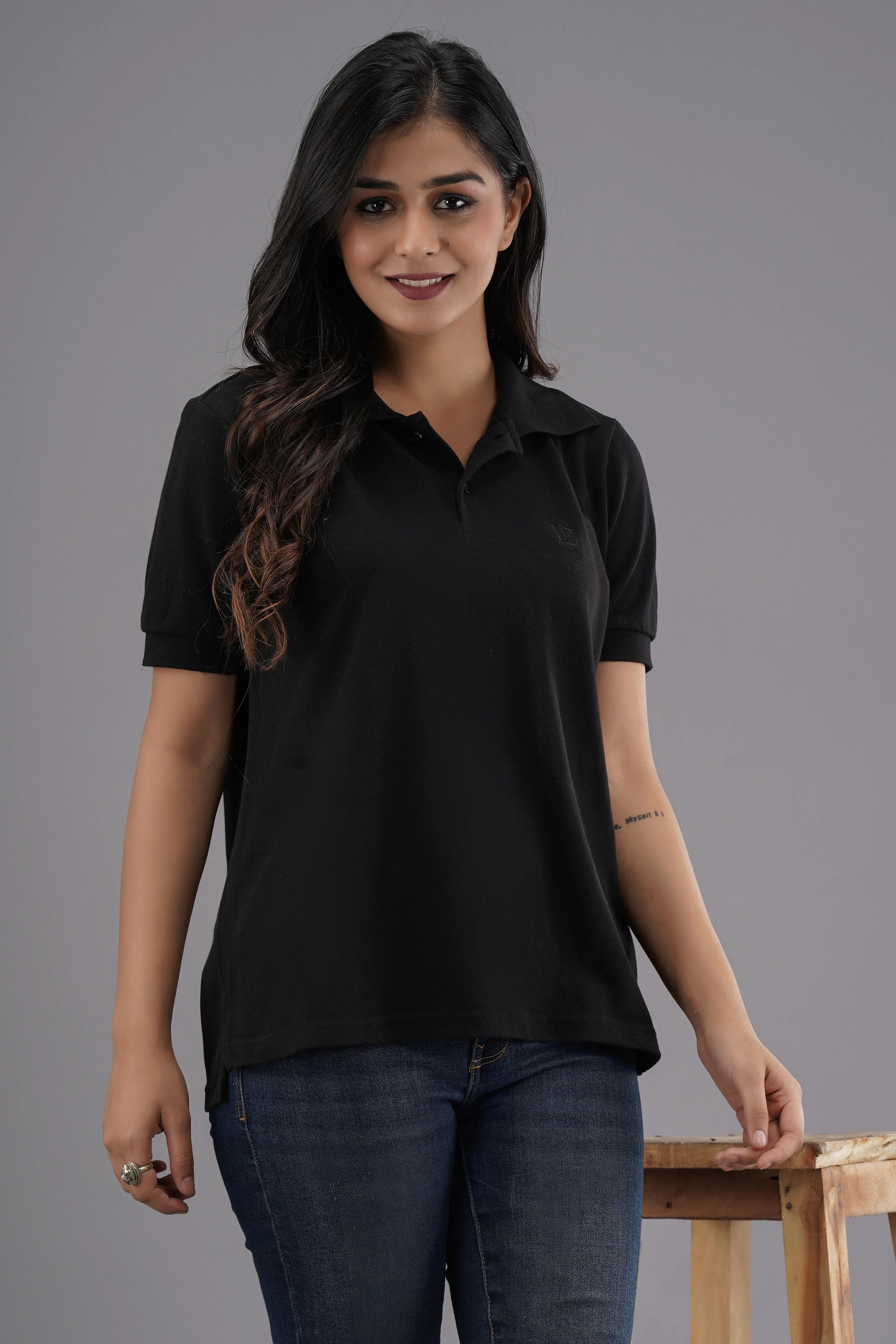 Women's Solid Black Polo Neck T-shirt