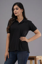 Women's Solid Black Polo Neck T-shirt