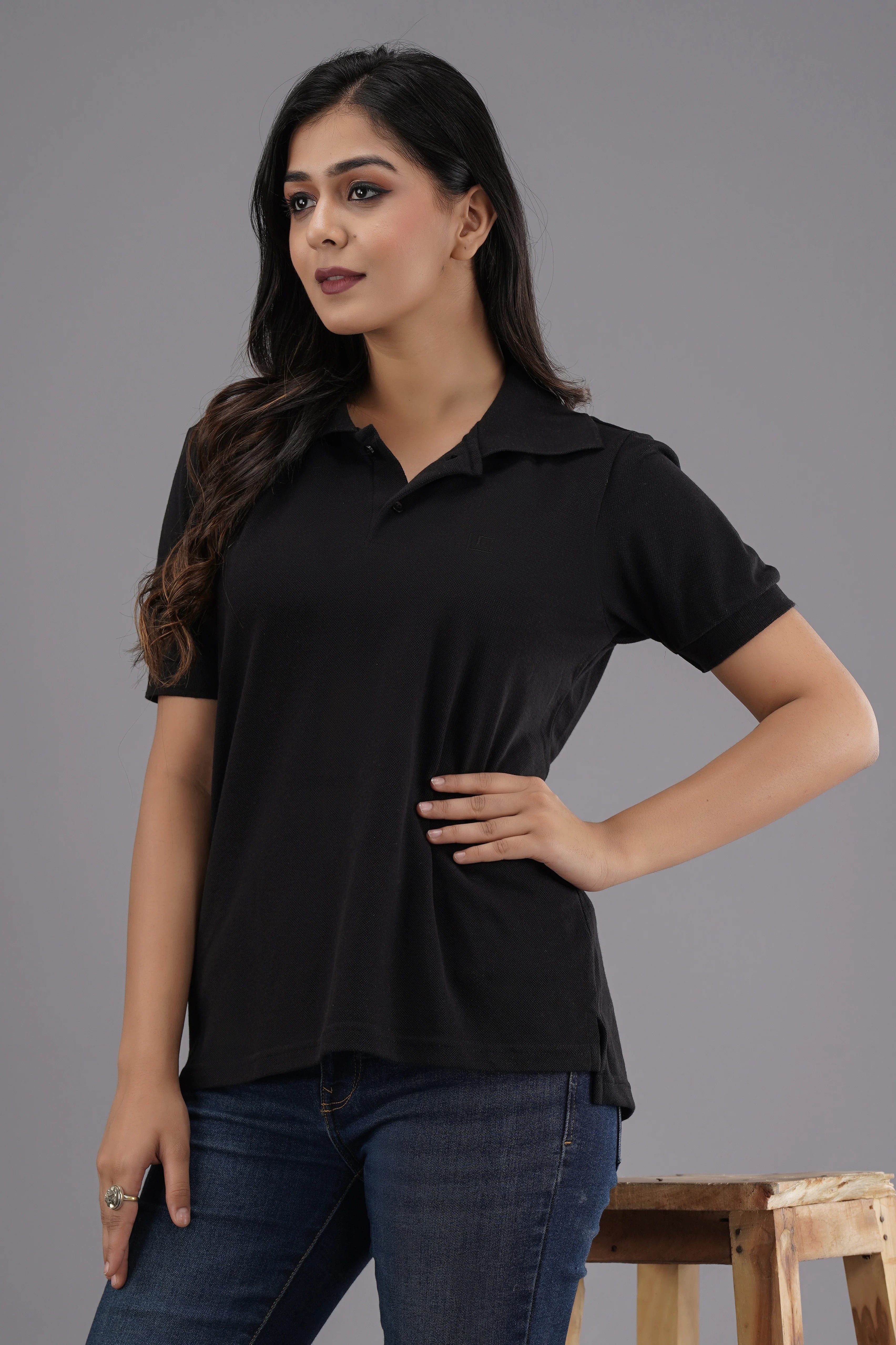 Women's Solid Black Polo Neck T-shirt