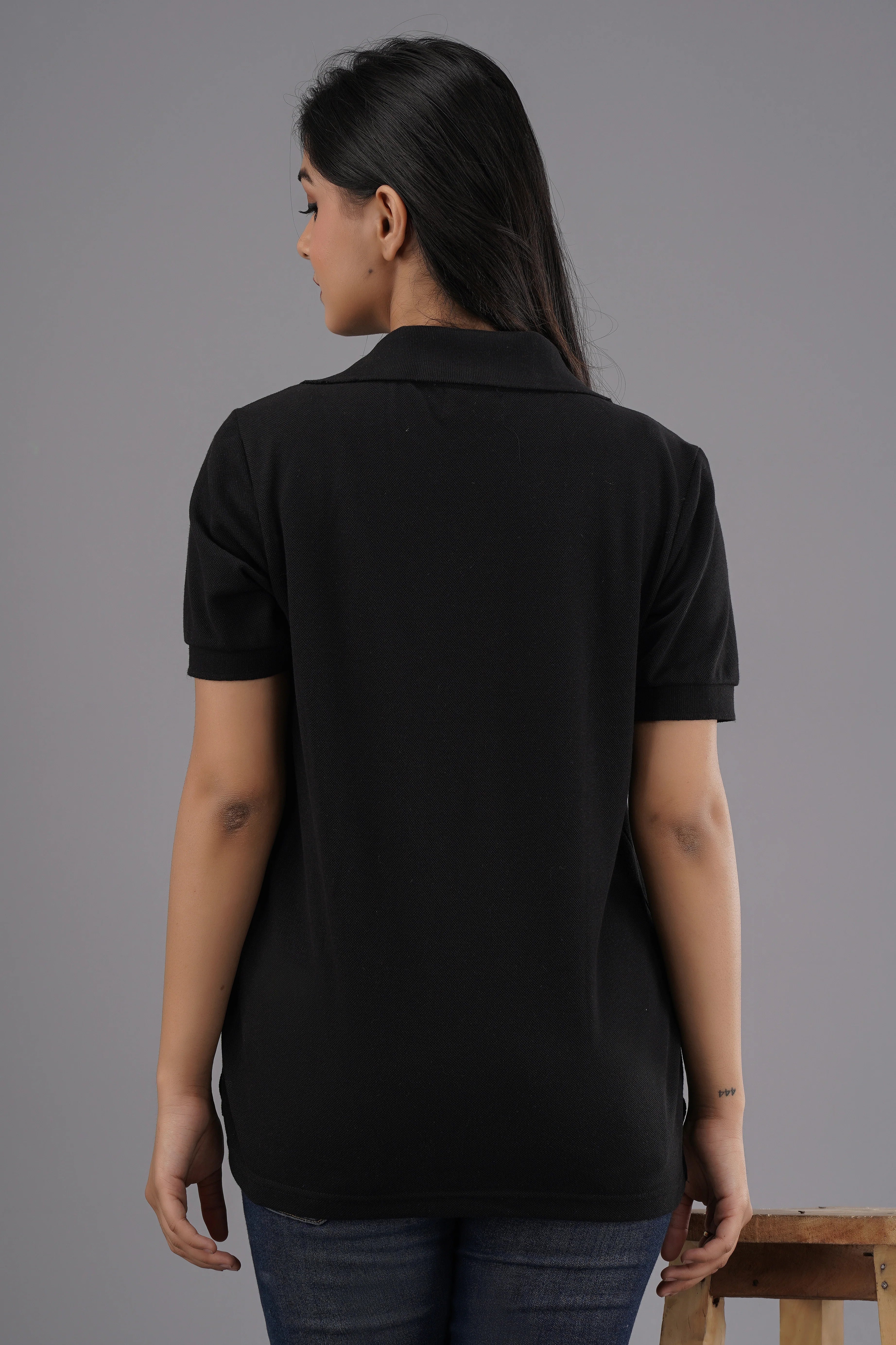 Women's Solid Black Polo Neck T-shirt