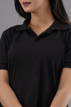 Women's Solid Black Polo Neck T-shirt