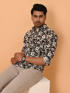 Men's Full Sleeves Monochrome Floral Rose Pattern Printed Cotton Shirt