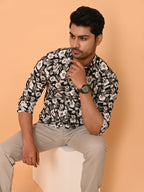 Men's Full Sleeves Monochrome Floral Rose Pattern Printed Cotton Shirt