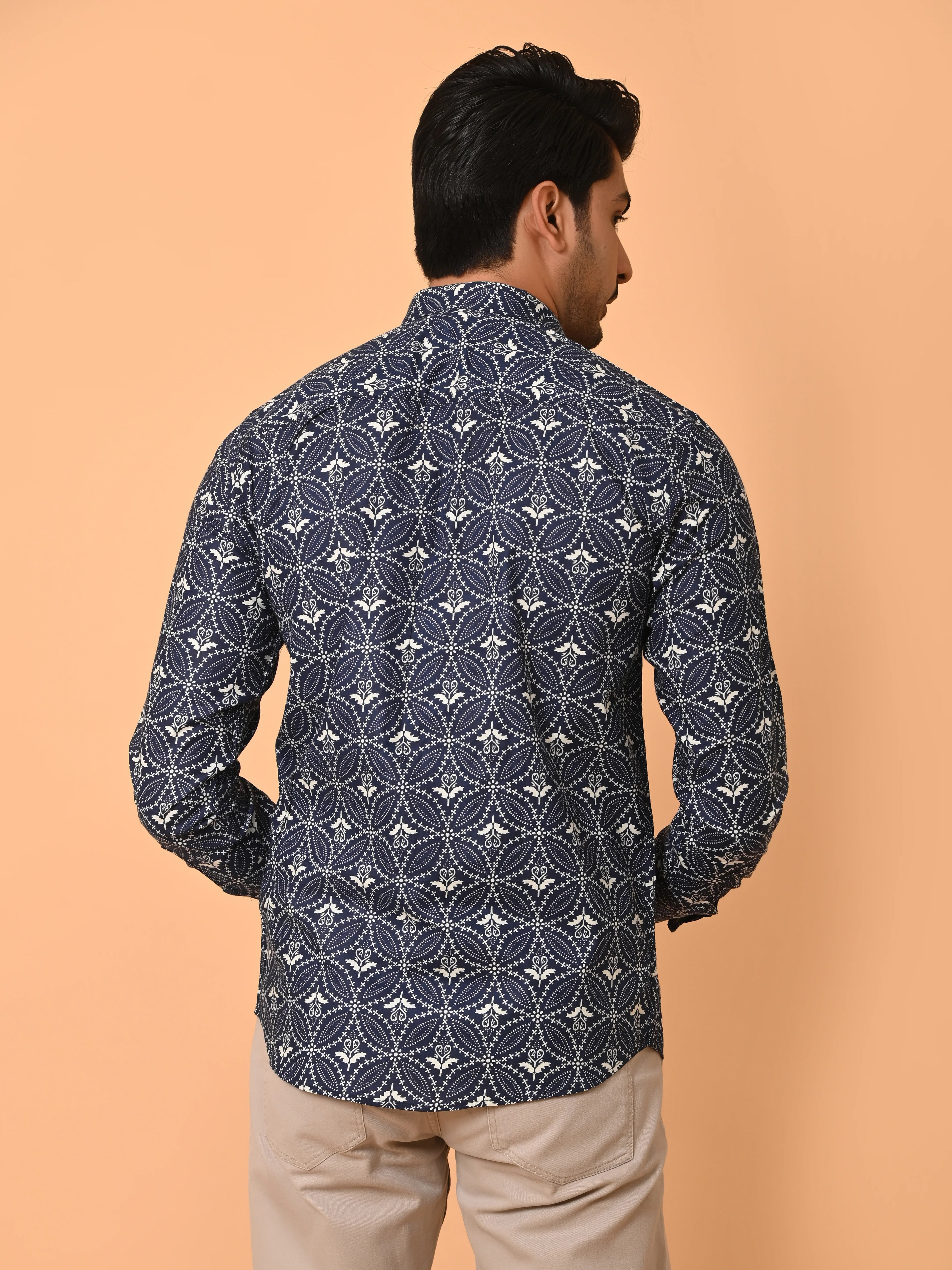 Men's Full Sleeves Ethnic Motifs Pattern Printed Cotton Shirt