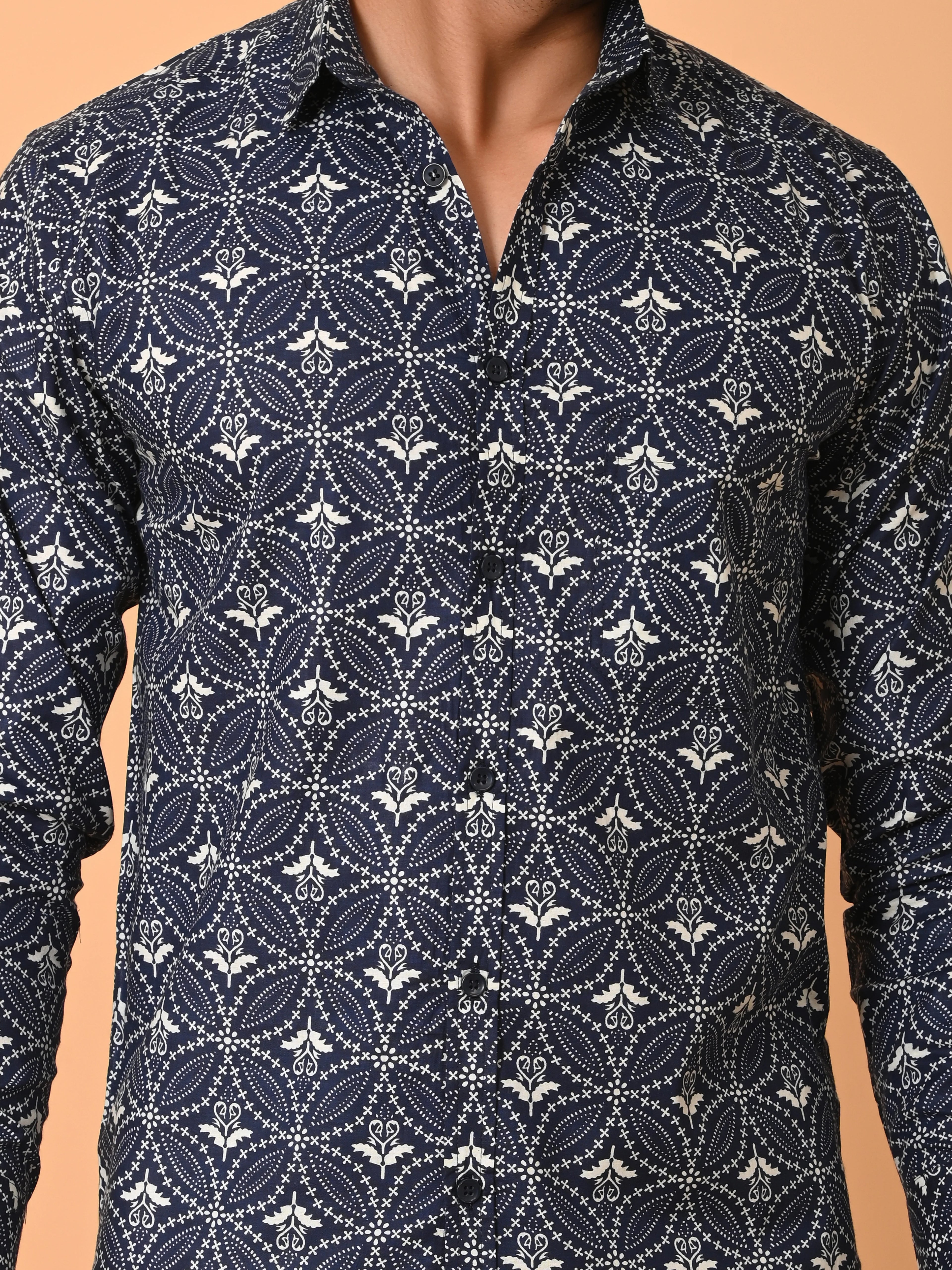 Men's Full Sleeves Ethnic Motifs Pattern Printed Cotton Shirt