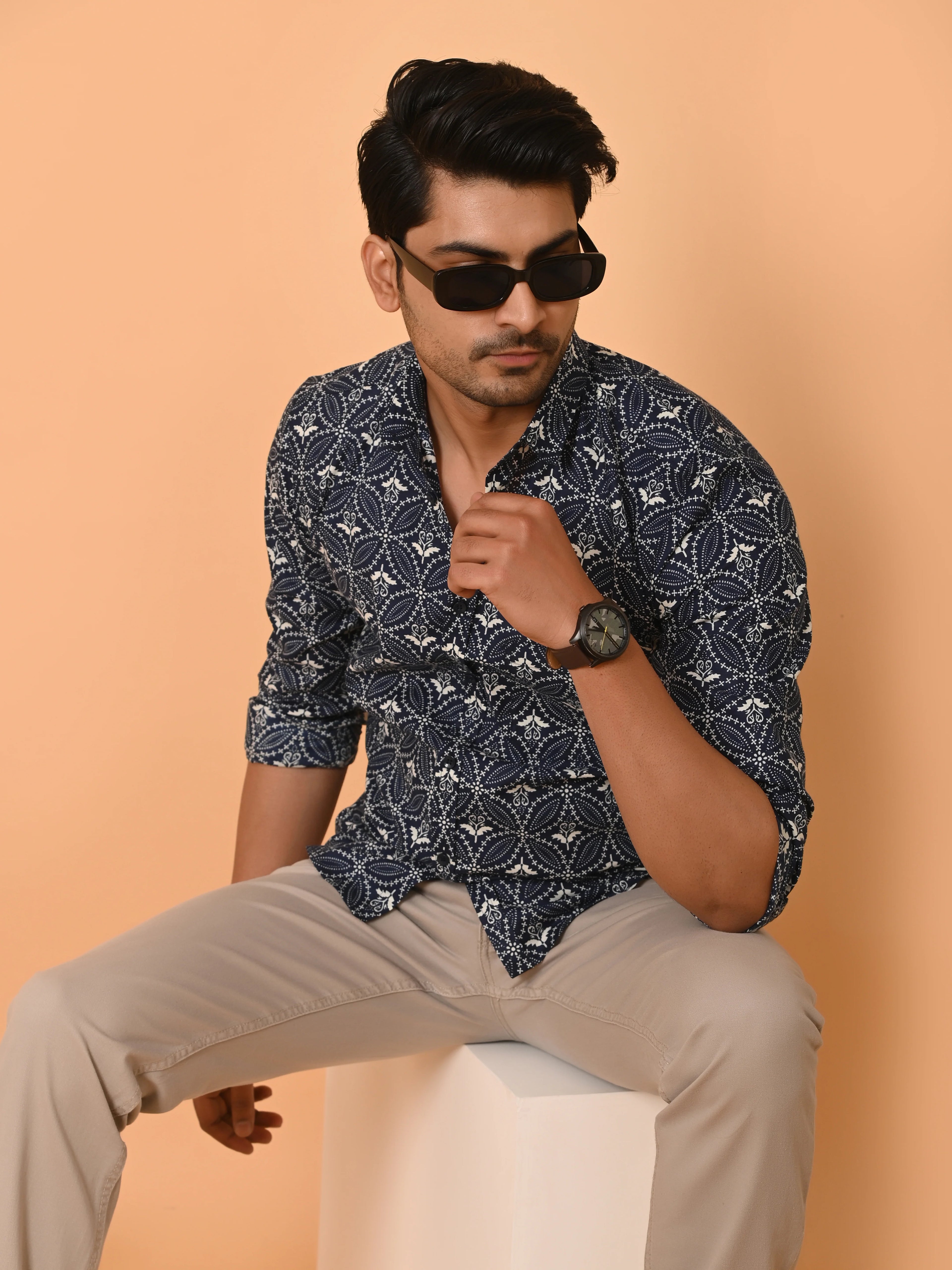 Men's Full Sleeves Ethnic Motifs Pattern Printed Cotton Shirt