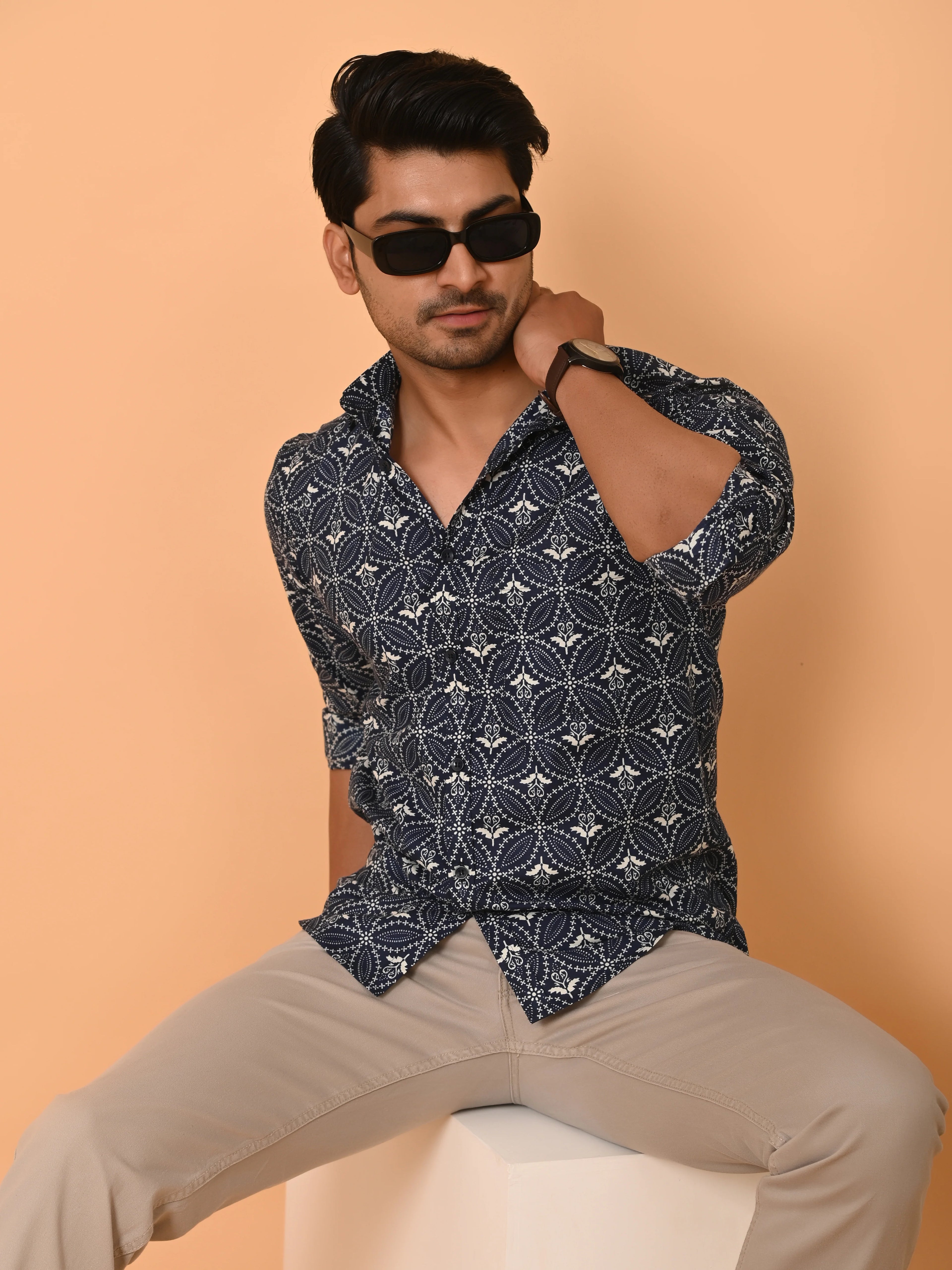 Men's Full Sleeves Ethnic Motifs Pattern Printed Cotton Shirt