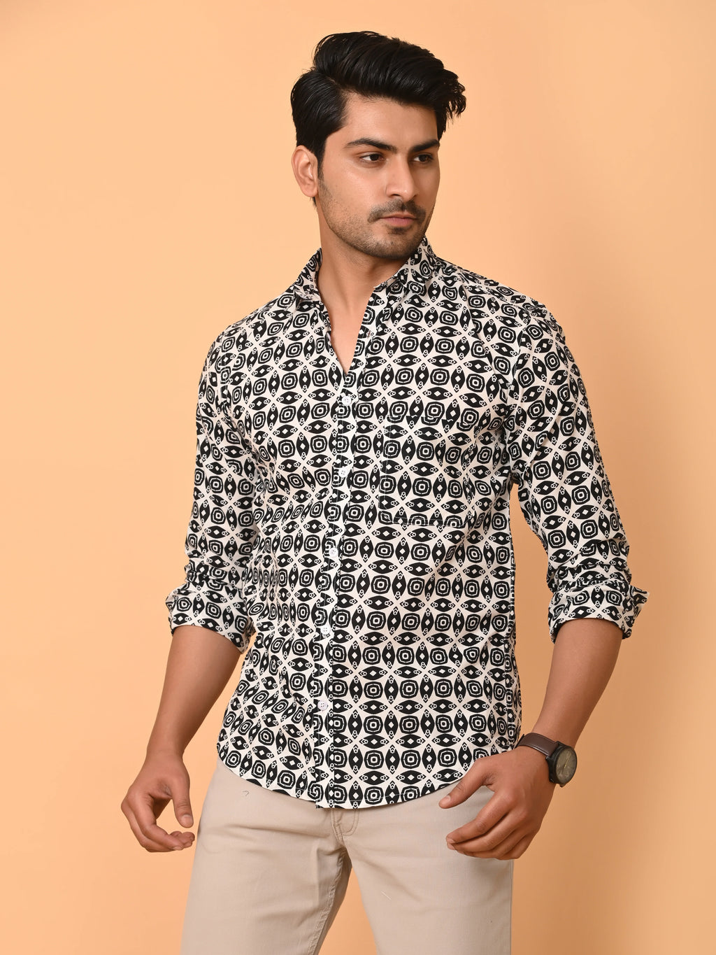 Men's Full Sleeves Geometric Pattern Printed Cotton Shirt