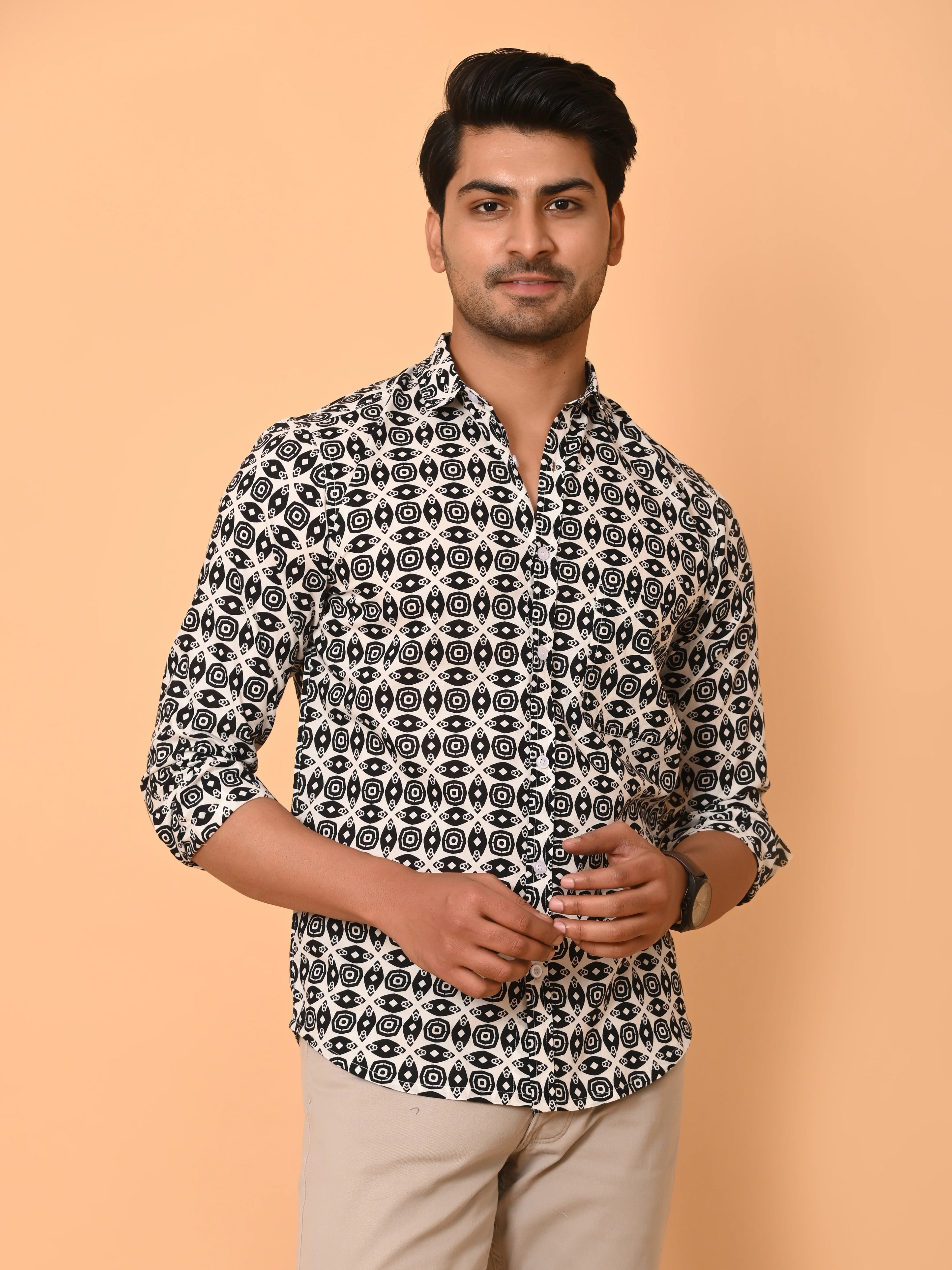 Men's Full Sleeves Geometric Pattern Printed Cotton Shirt