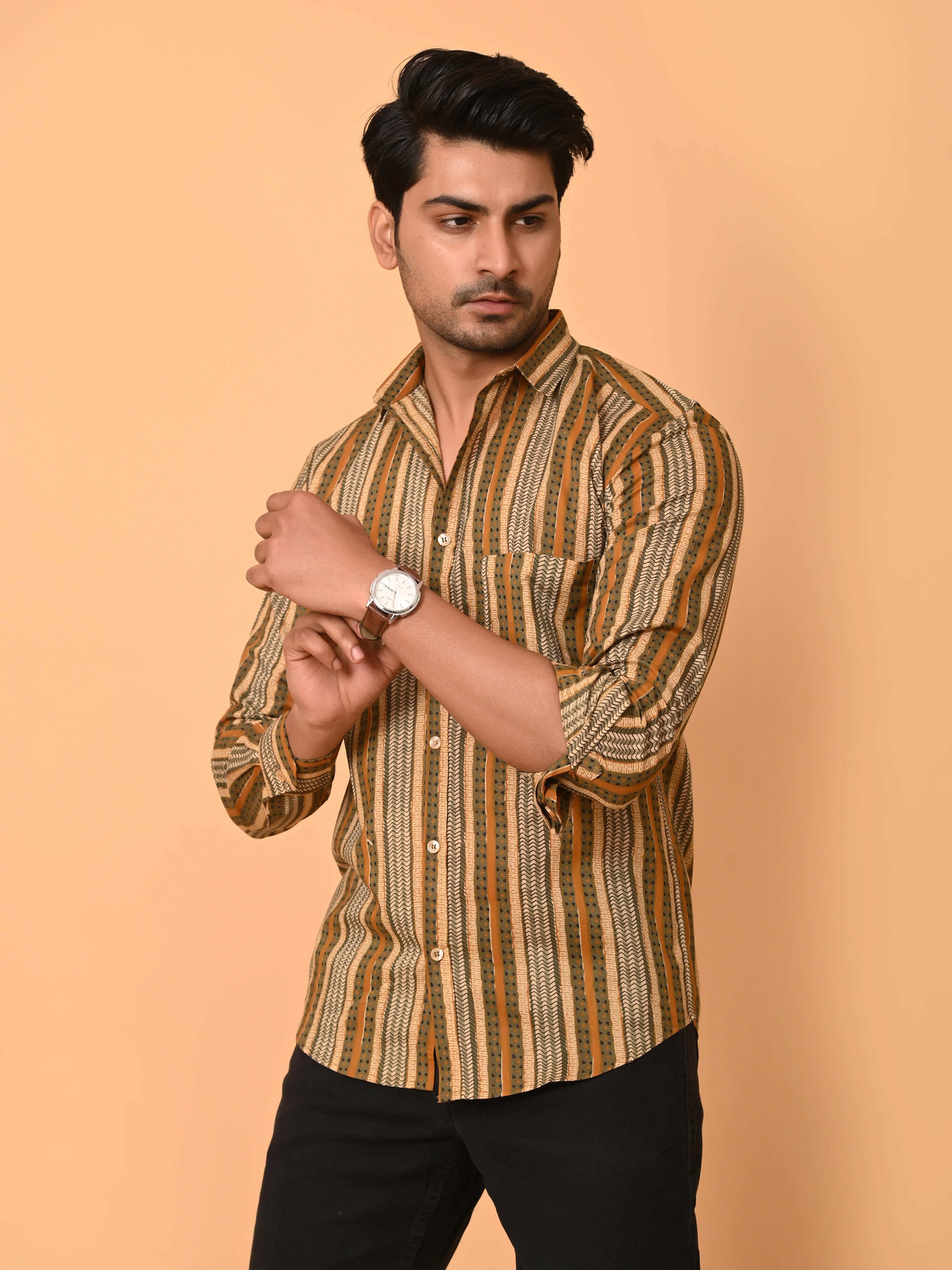Men's Full Sleeves Ethno-Striped Pure Cotton Shirt