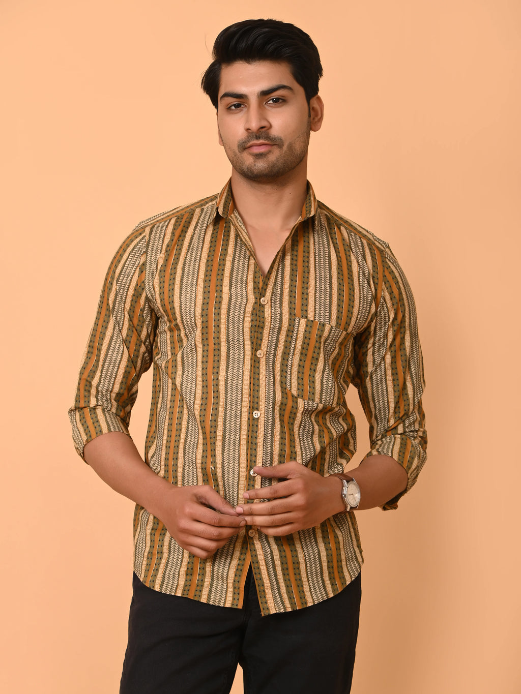 Men's Full Sleeves Ethno-Striped Pure Cotton Shirt