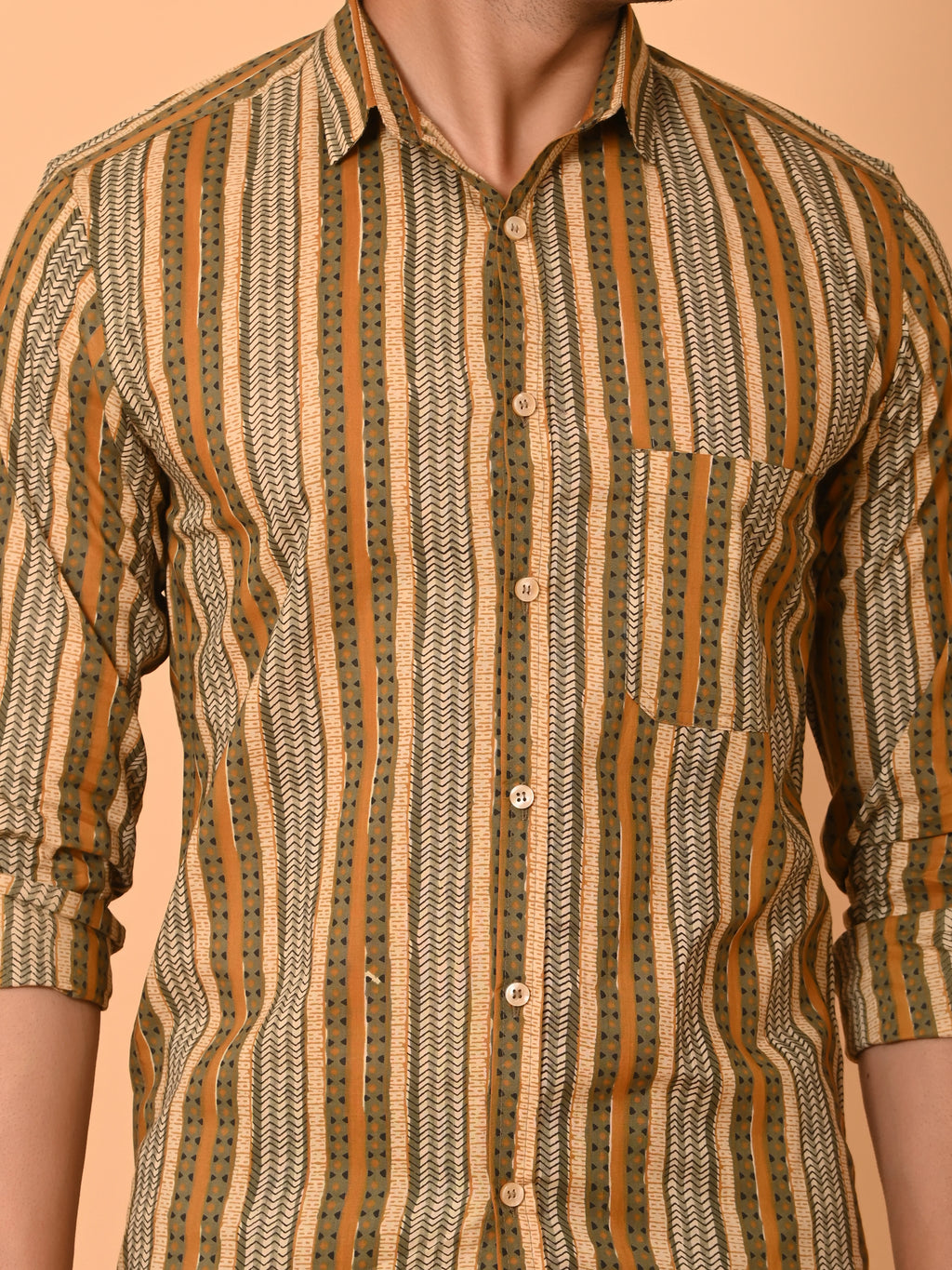 Men's Full Sleeves Ethno-Striped Pure Cotton Shirt