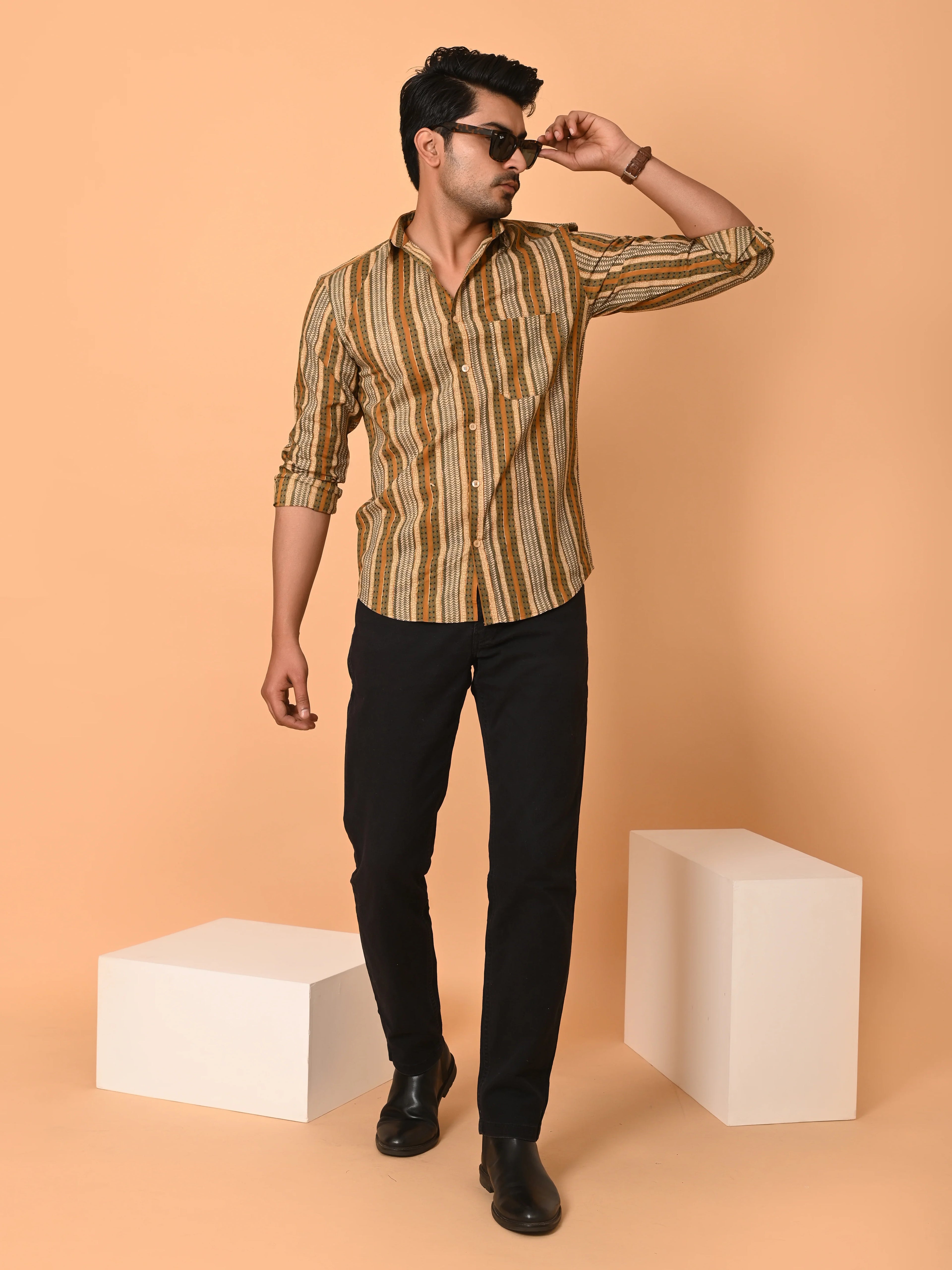 Men's Full Sleeves Ethno-Striped Pure Cotton Shirt