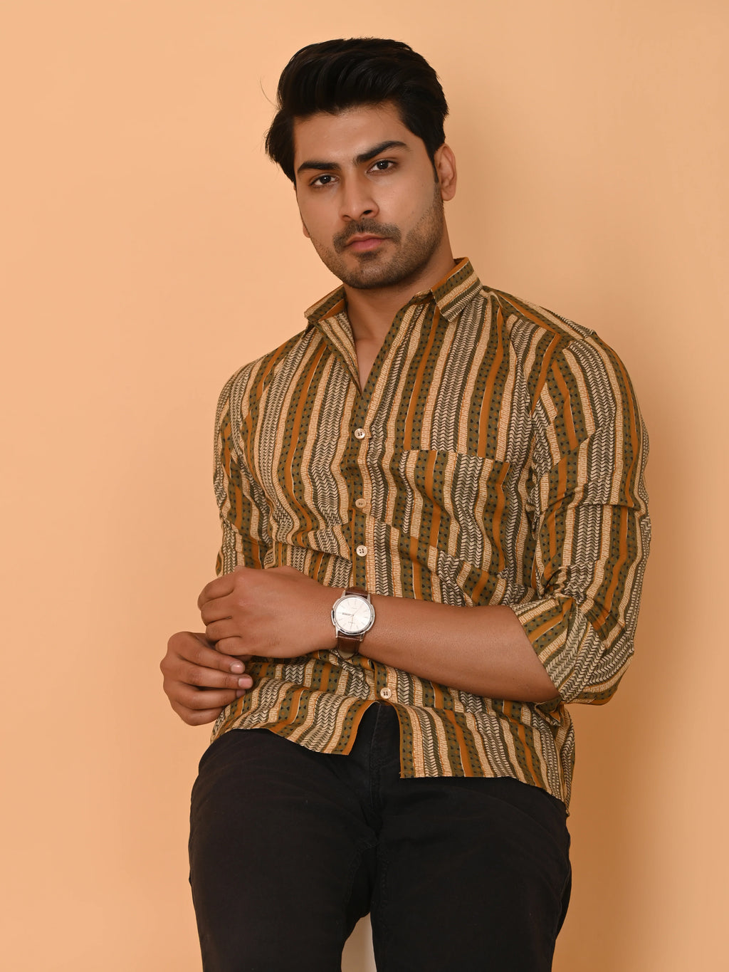 Men's Full Sleeves Ethno-Striped Pure Cotton Shirt