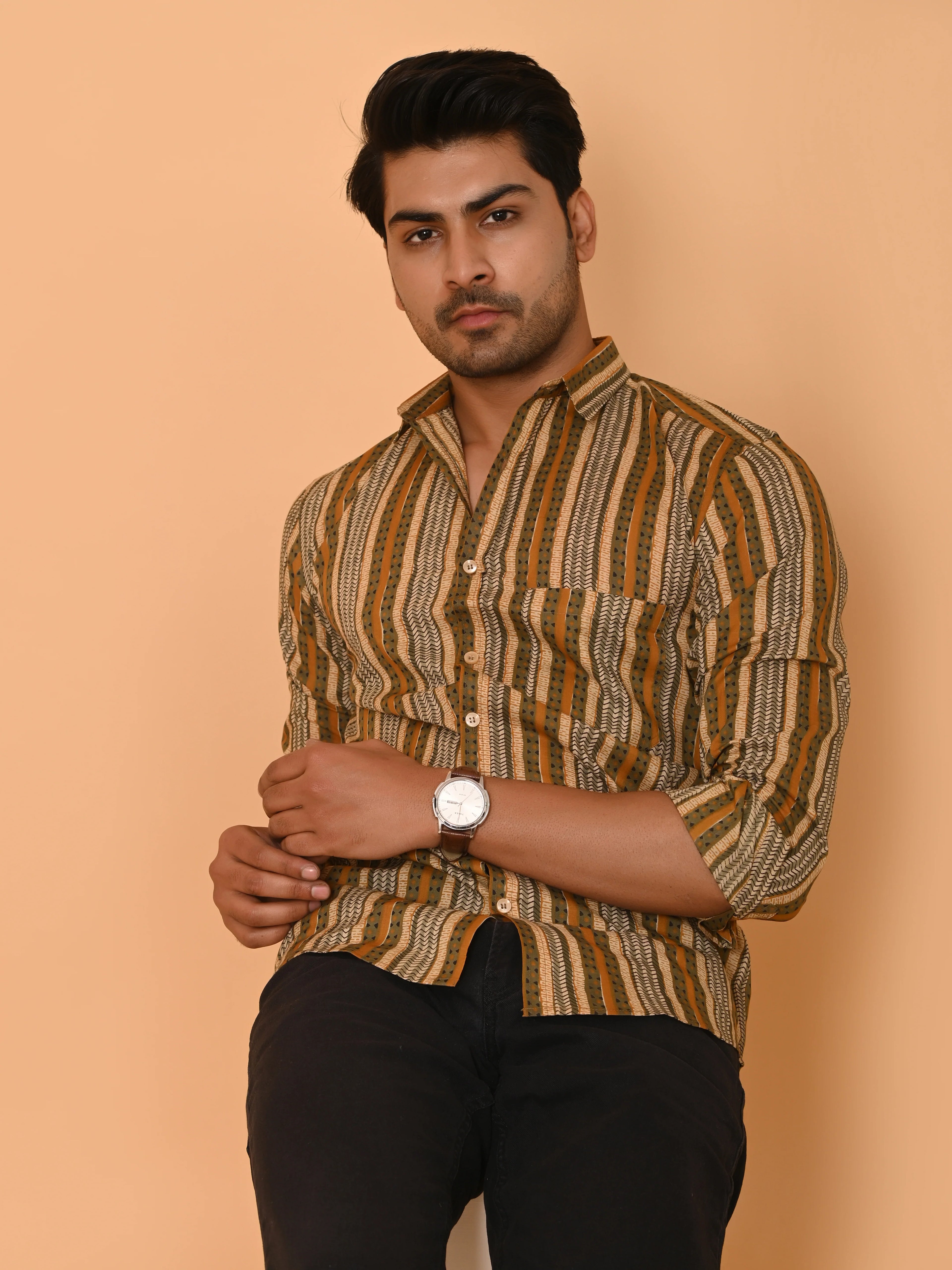 Men's Full Sleeves Ethno-Striped Pure Cotton Shirt