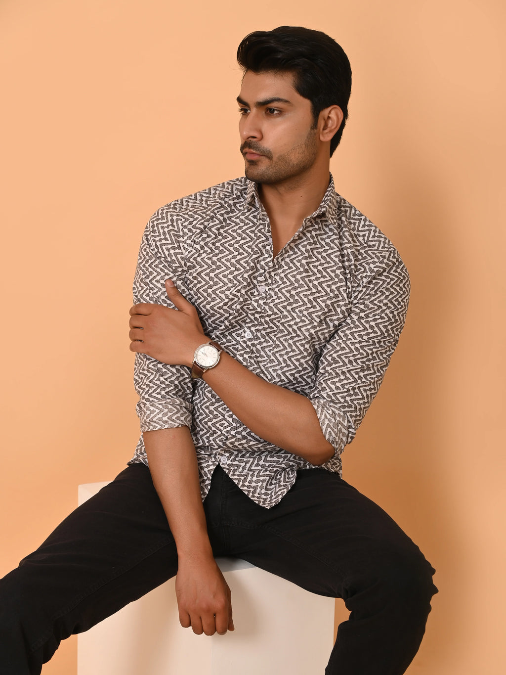 Men's Full Sleeves ZigZag Weave Printed Cotton Shirt