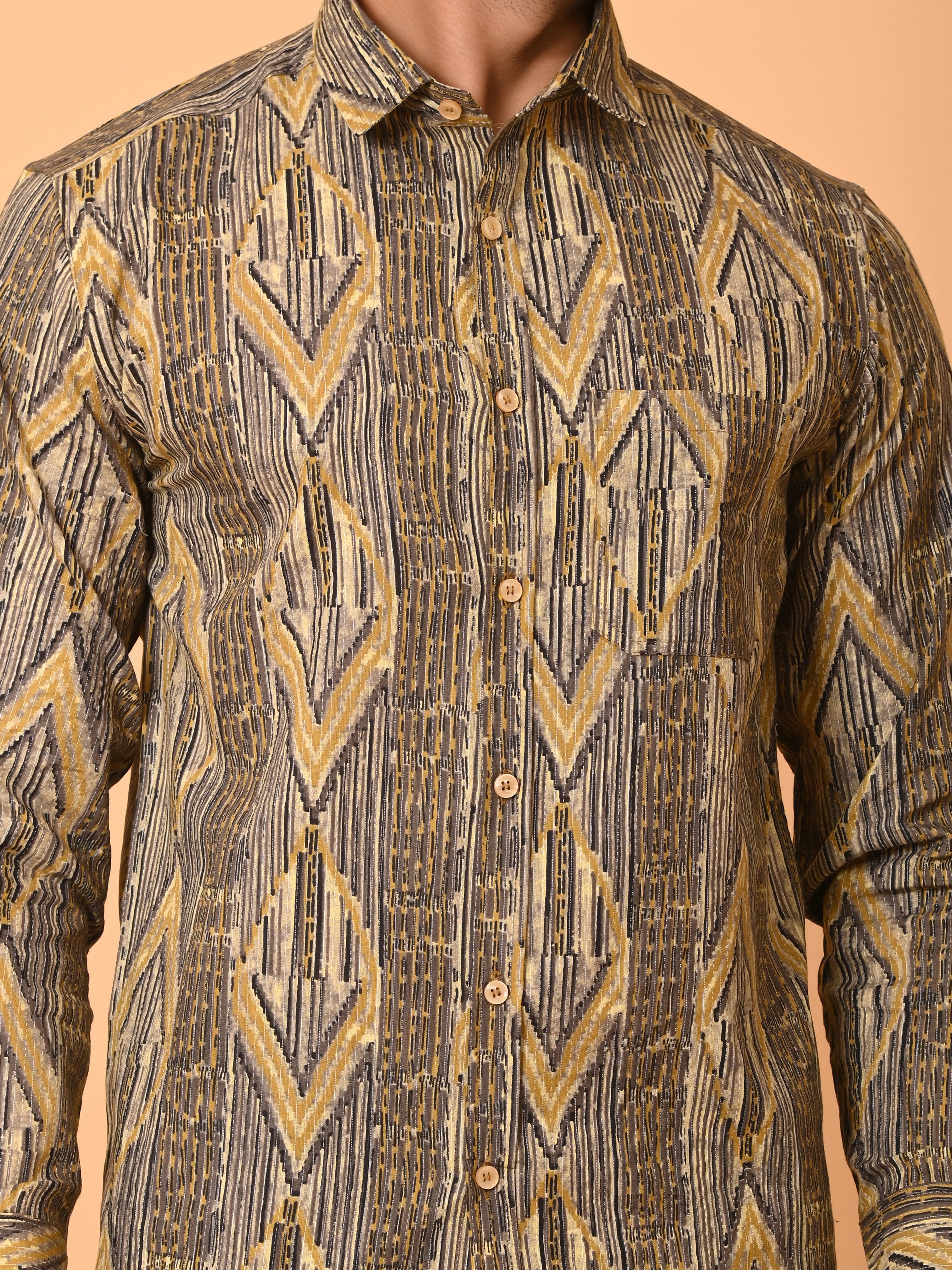 Men's Full Sleeves Ethnic Geometric Printed Cotton Shirt