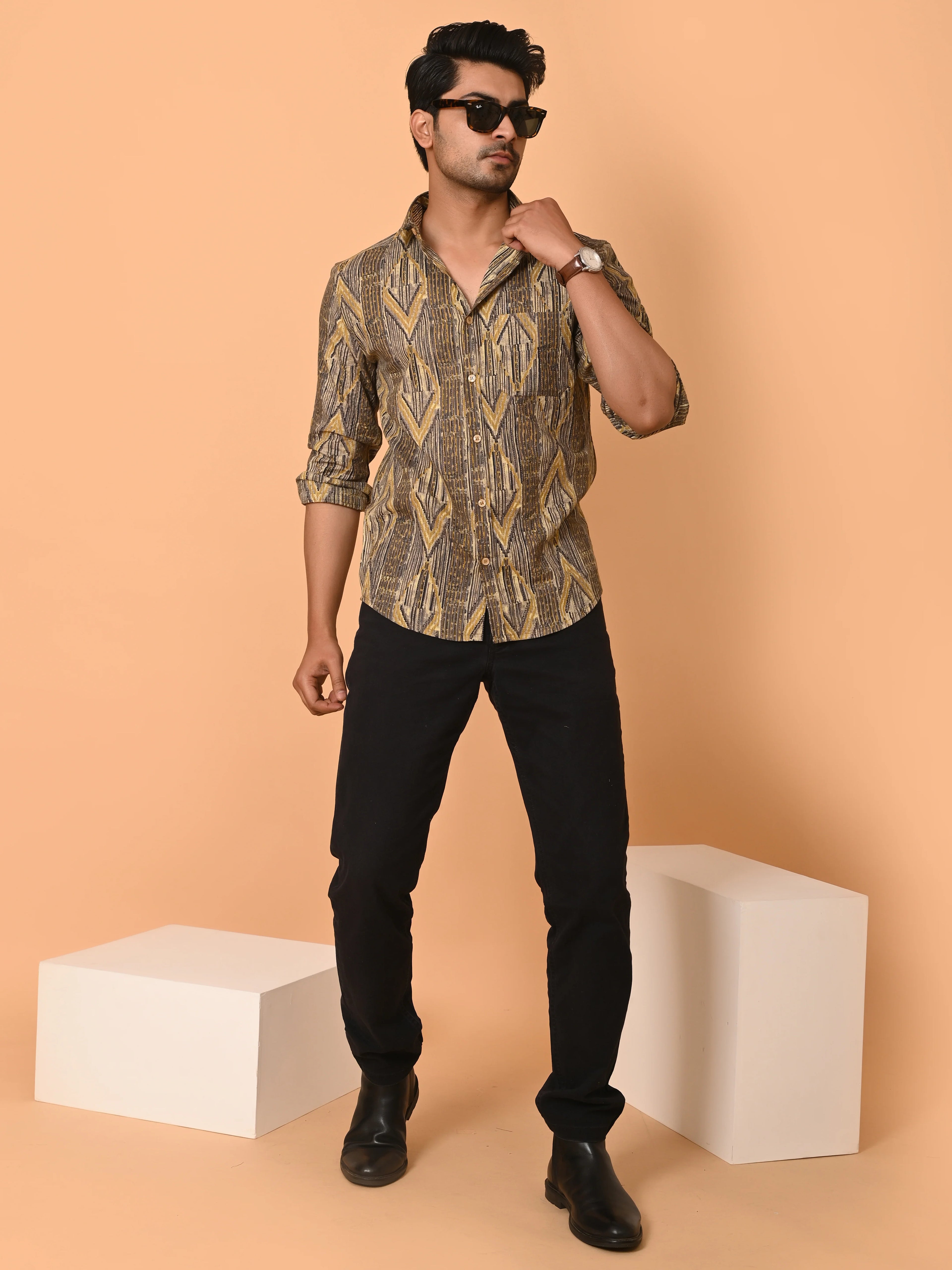Men's Full Sleeves Ethnic Geometric Printed Cotton Shirt