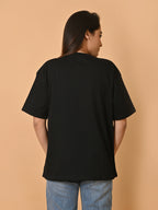 Women's Solid Black Oversized Round Neck Cotton Lycra T-shirt