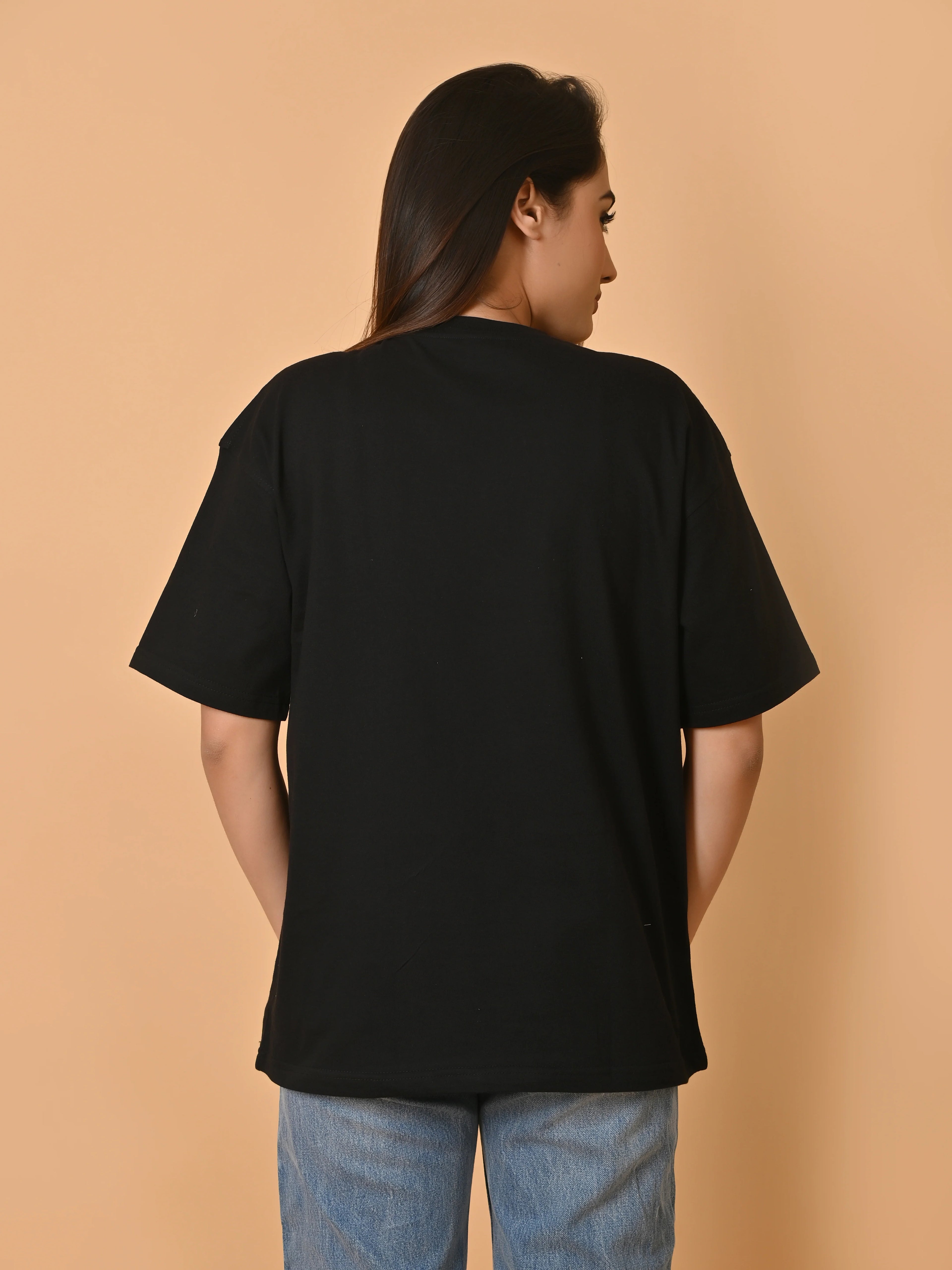 Women's Solid Black Oversized Round Neck Cotton Lycra T-shirt