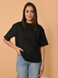 Women's Solid Black Oversized Round Neck Cotton Lycra T-shirt