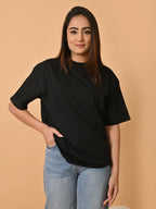Women's Solid Black Oversized Round Neck Cotton Lycra T-shirt
