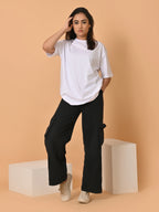 Women's Solid White Oversized Round Neck Cotton Lycra T-shirt