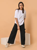 Women's Solid White Oversized Round Neck Cotton Lycra T-shirt