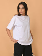 Women's Solid White Oversized Round Neck Cotton Lycra T-shirt