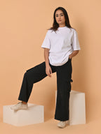 Women's Solid White Oversized Round Neck Cotton Lycra T-shirt