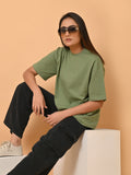 Women's Solid Warm Green Oversized Round Neck Cotton Lycra T-shirt