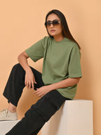 Women's Solid Warm Green Oversized Round Neck Cotton Lycra T-shirt