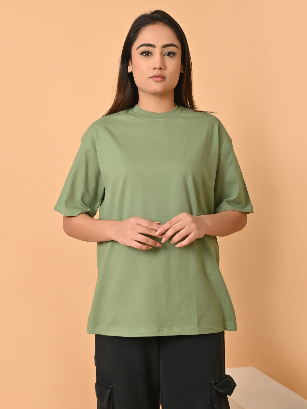 Women's Solid Warm Green Oversized Round Neck Cotton Lycra T-shirt