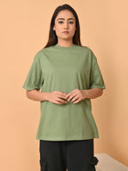 Women's Solid Warm Green Oversized Round Neck Cotton Lycra T-shirt