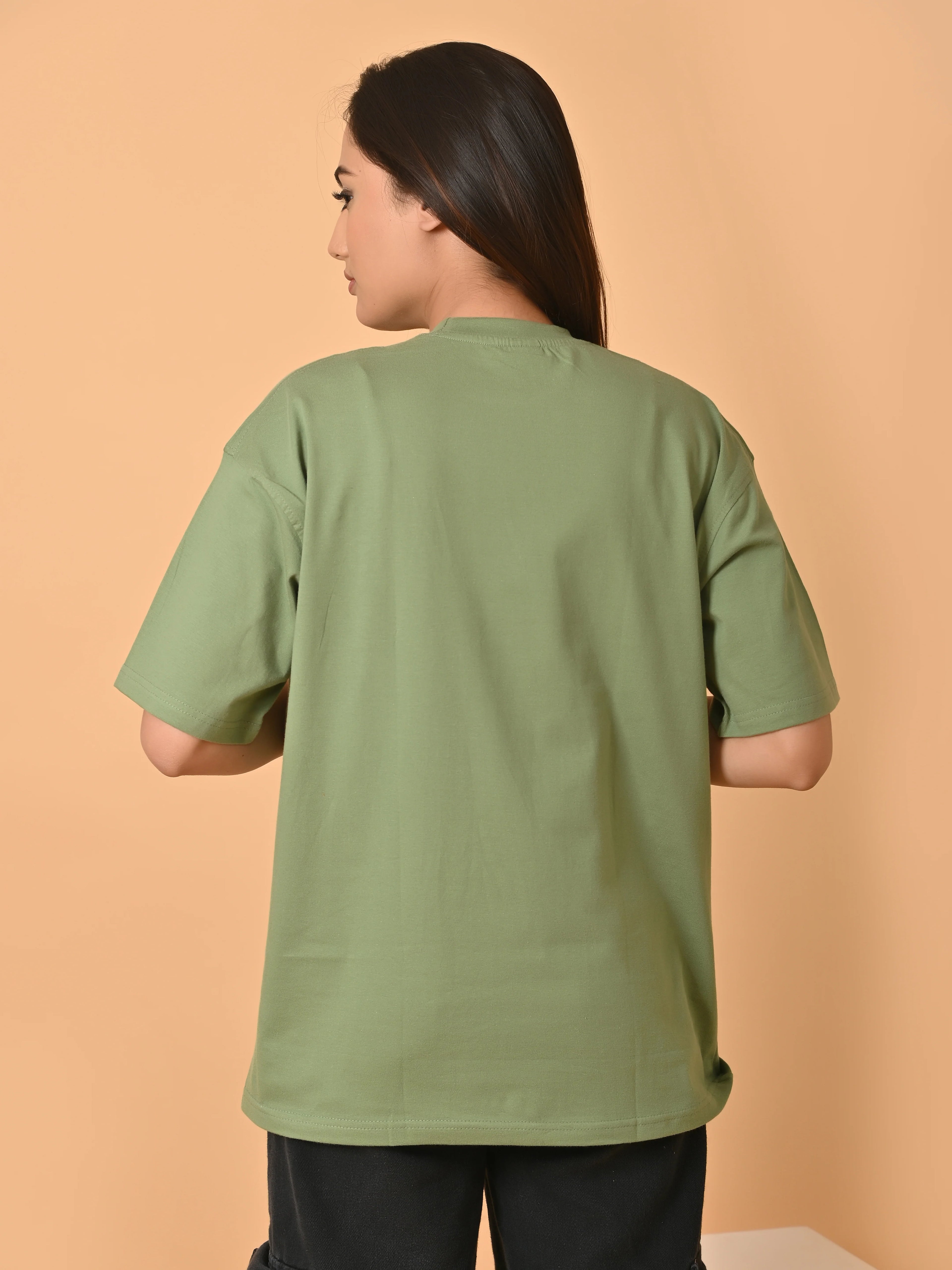 Women's Solid Warm Green Oversized Round Neck Cotton Lycra T-shirt