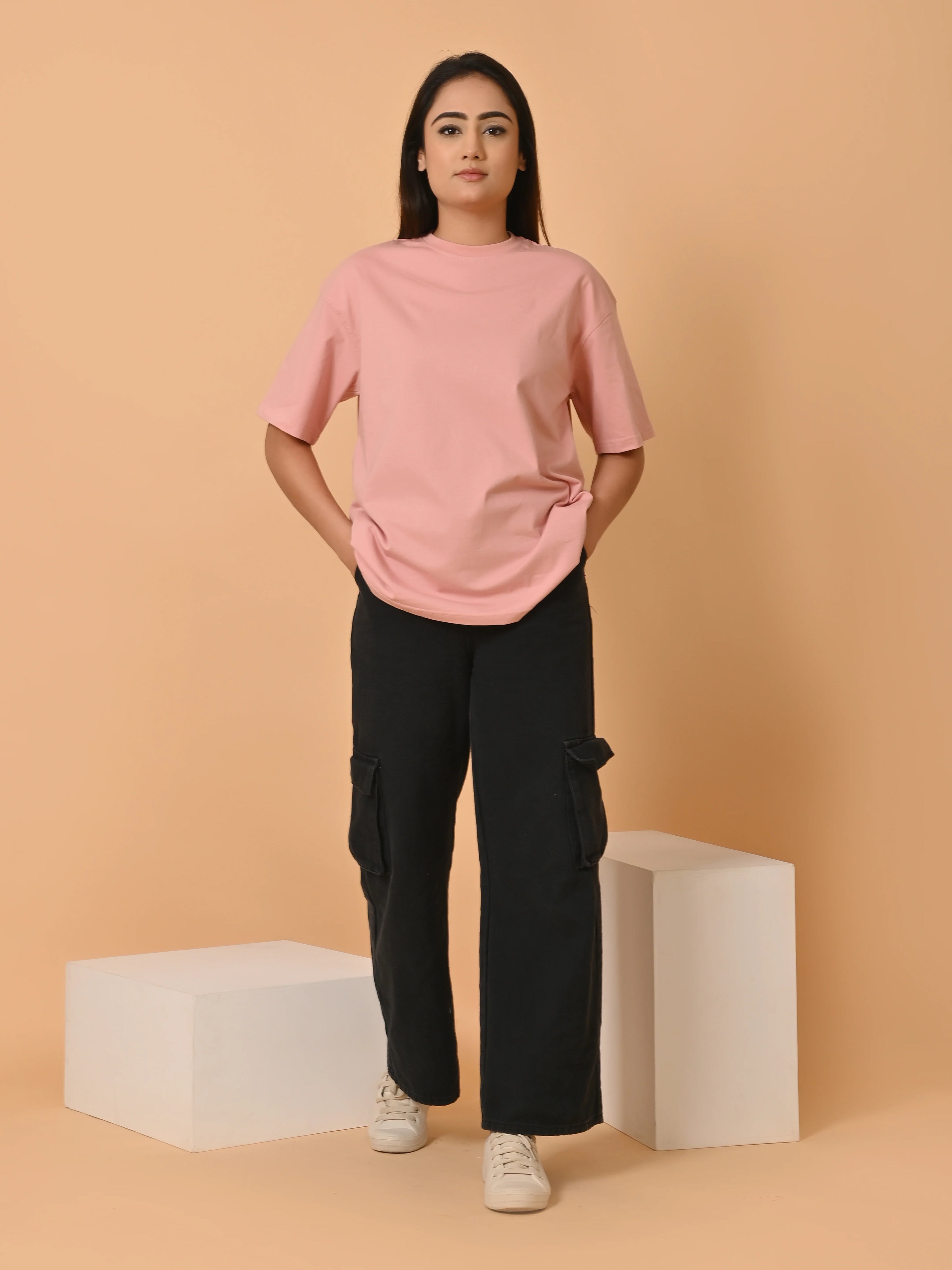 Women's Solid Onion Pink Oversized Round Neck Cotton Lycra T-shirt