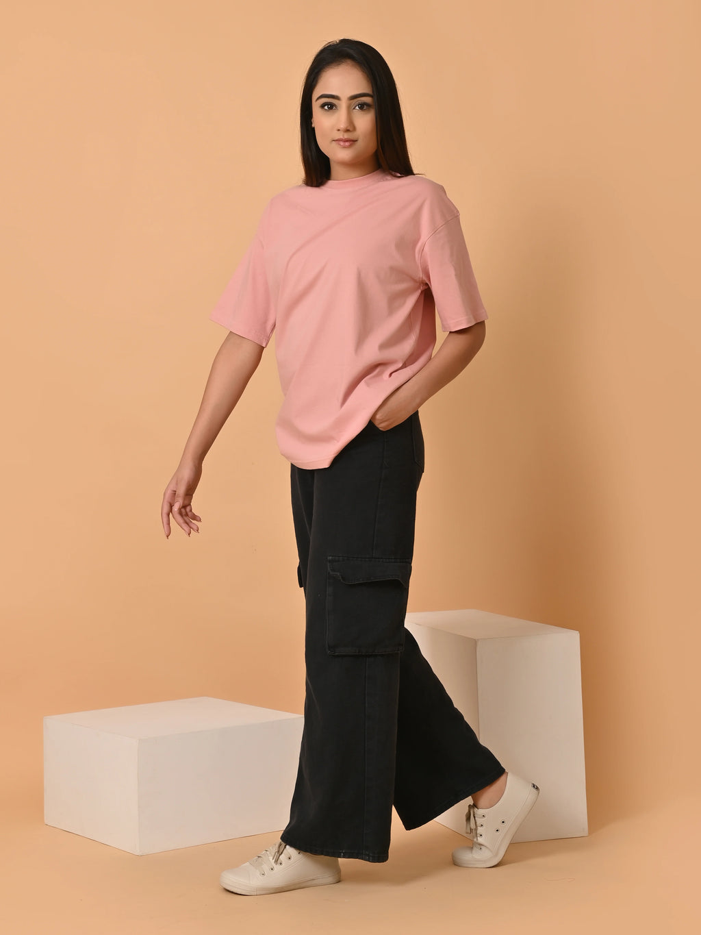 Women's Solid Onion Pink Oversized Round Neck Cotton Lycra T-shirt