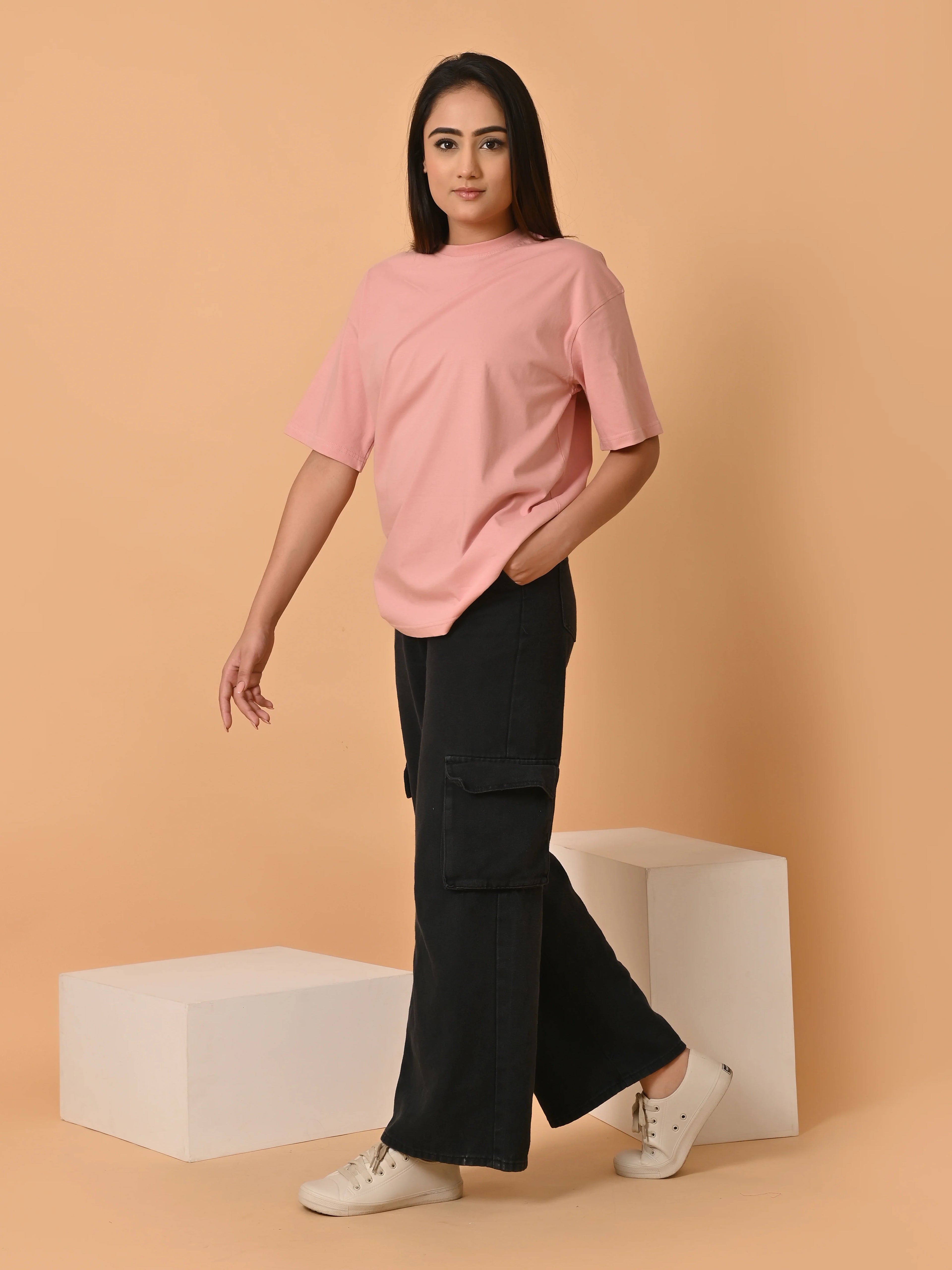 Women's Solid Onion Pink Oversized Round Neck Cotton Lycra T-shirt