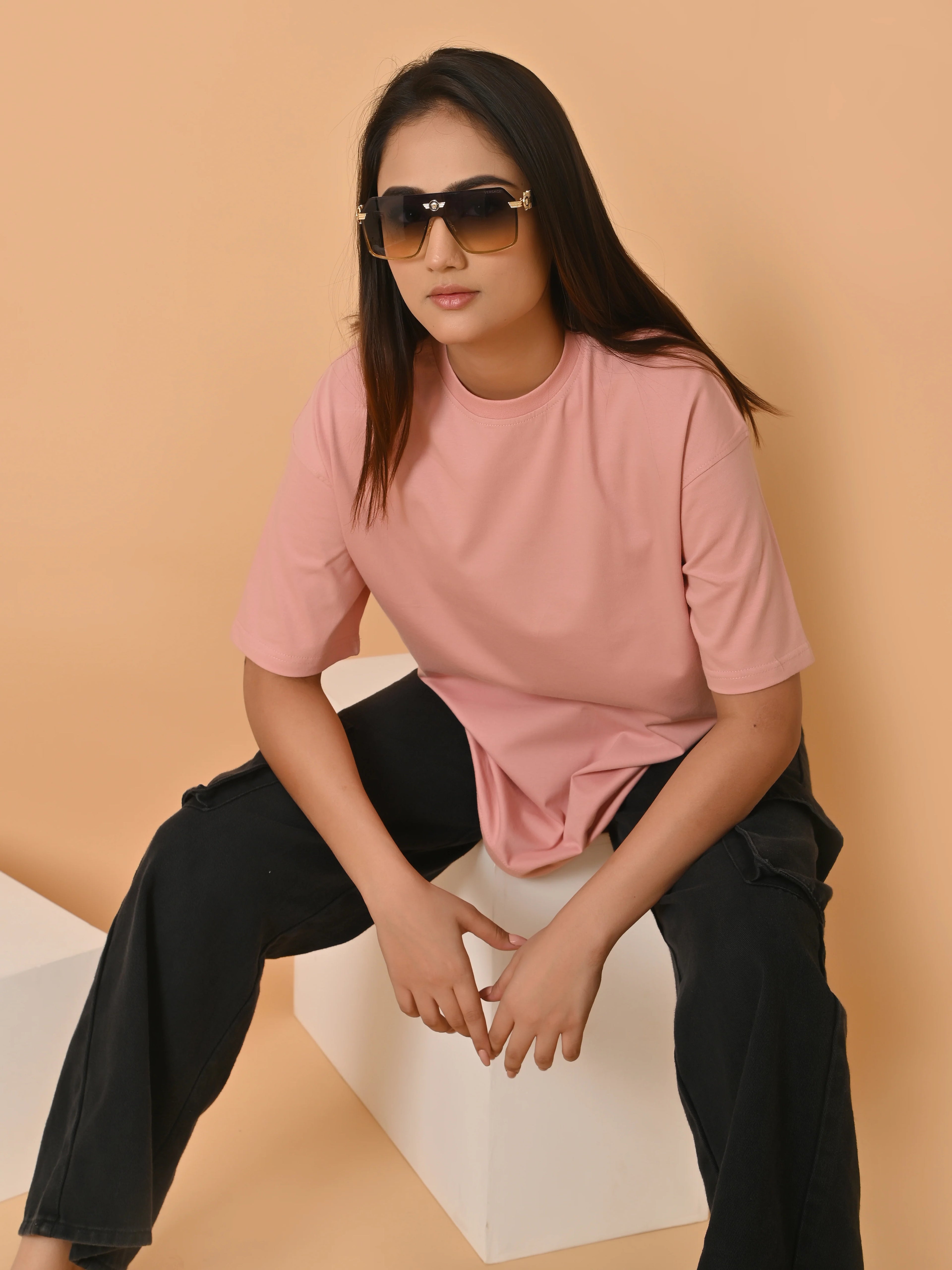 Women's Solid Onion Pink Oversized Round Neck Cotton Lycra T-shirt