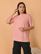 Women's Solid Onion Pink Oversized Round Neck Cotton Lycra T-shirt