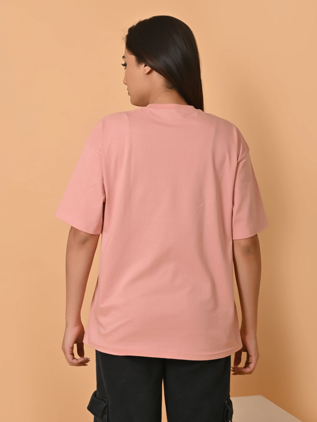 Women's Solid Onion Pink Oversized Round Neck Cotton Lycra T-shirt