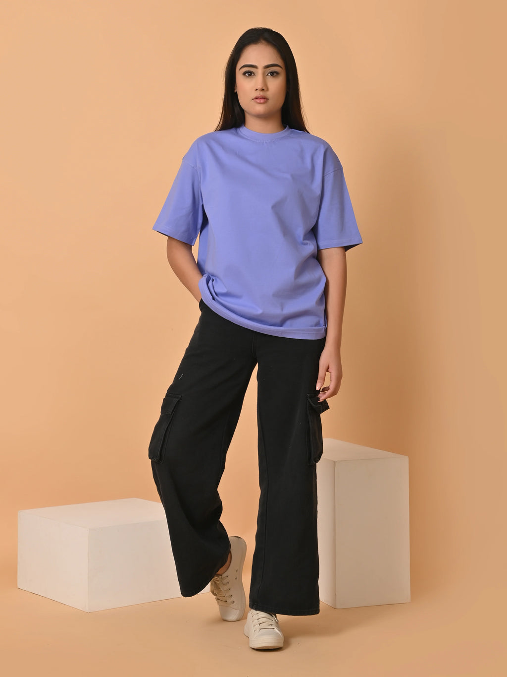 Women's Solid Lavender Oversized Round Neck Cotton Lycra T-shirt
