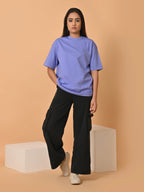 Women's Solid Lavender Oversized Round Neck Cotton Lycra T-shirt