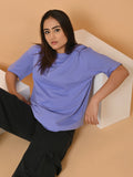Women's Solid Lavender Oversized Round Neck Cotton Lycra T-shirt