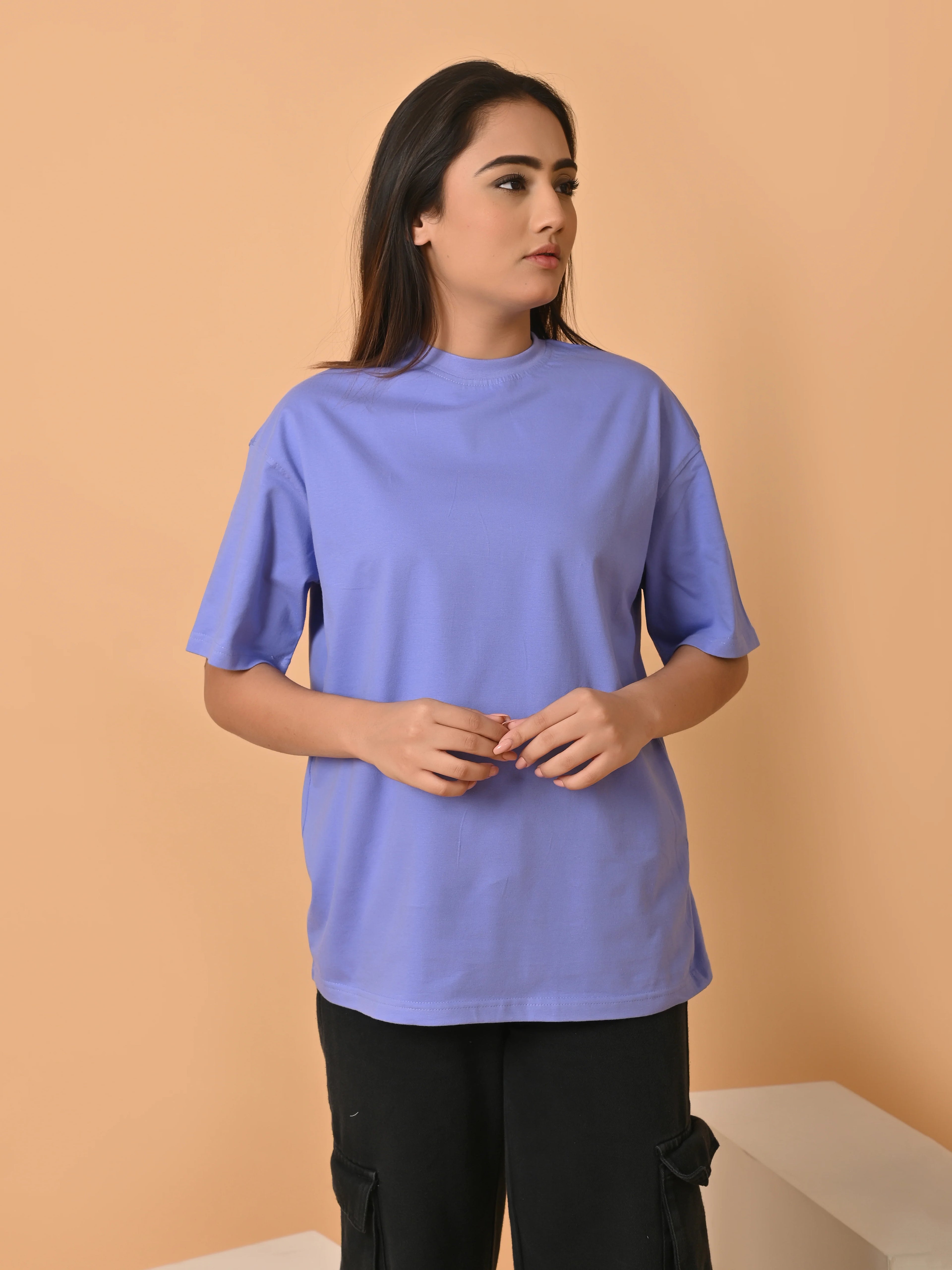 Women's Solid Lavender Oversized Round Neck Cotton Lycra T-shirt