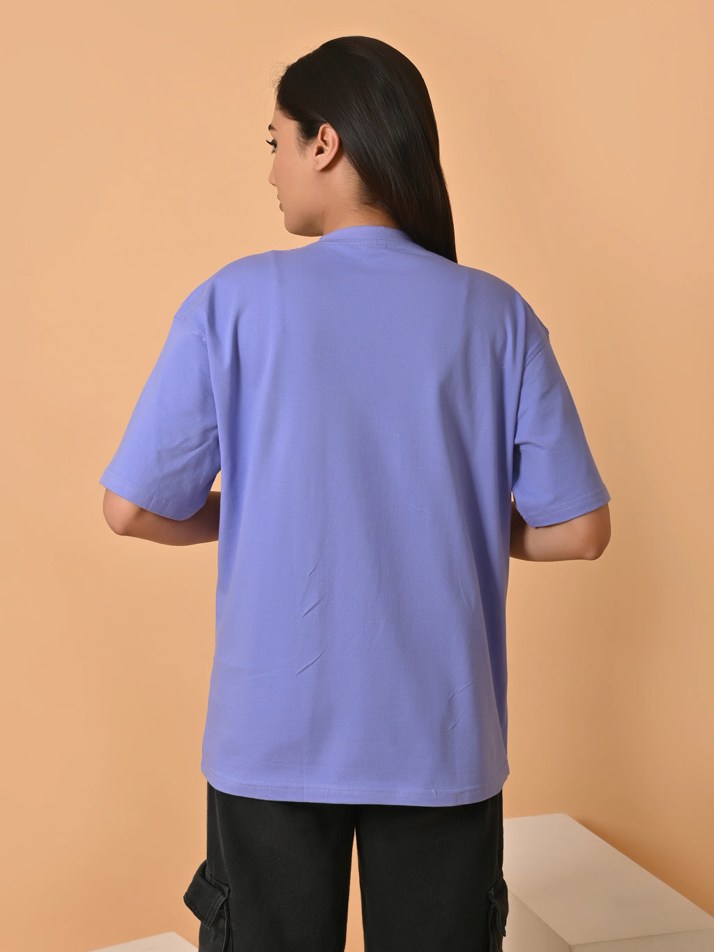 Women's Solid Lavender Oversized Round Neck Cotton Lycra T-shirt