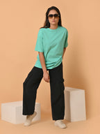 Women's Solid Sea Green Oversized Round Neck Cotton Lycra T-shirt