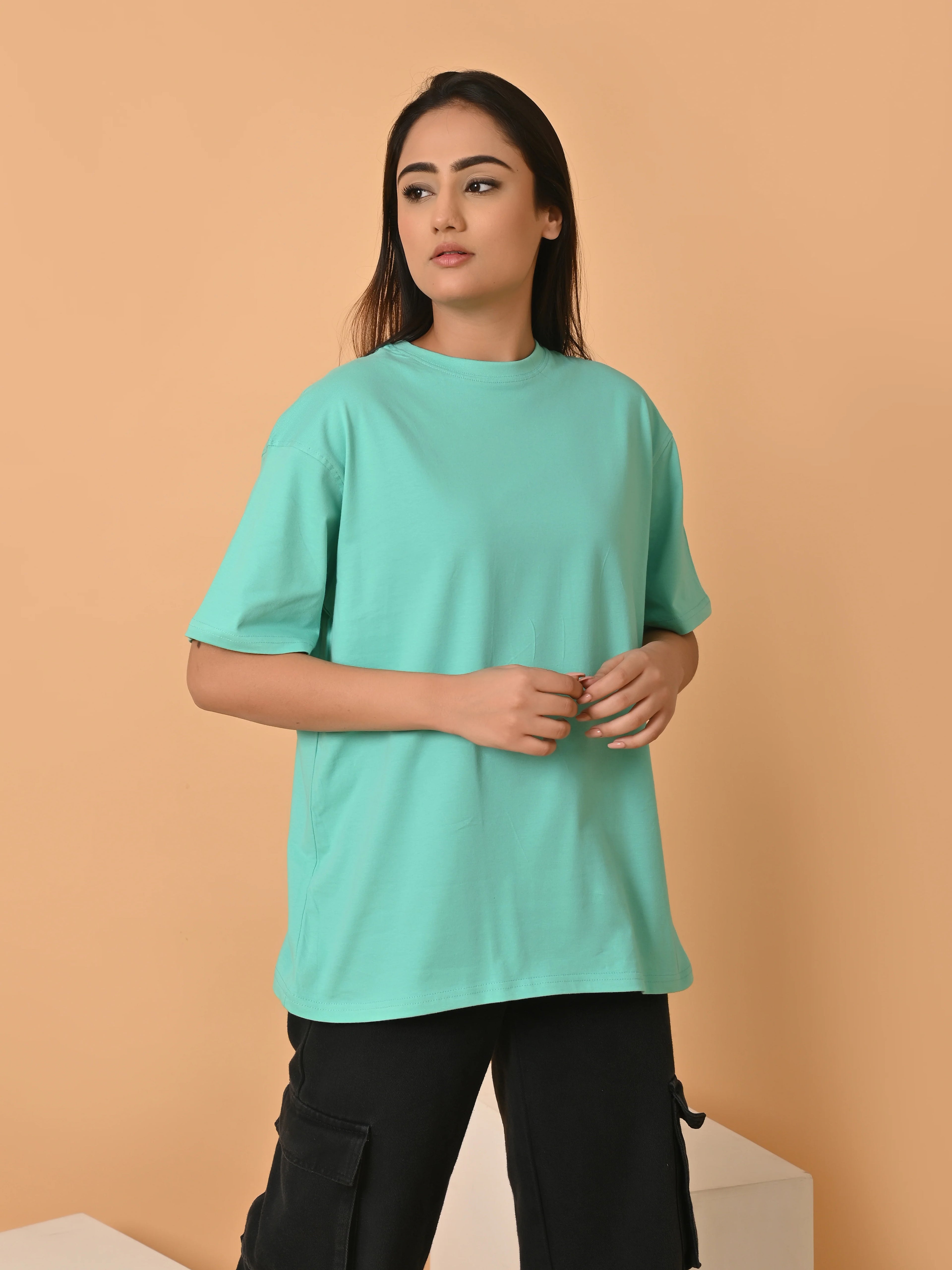 Women's Solid Sea Green Oversized Round Neck Cotton Lycra T-shirt