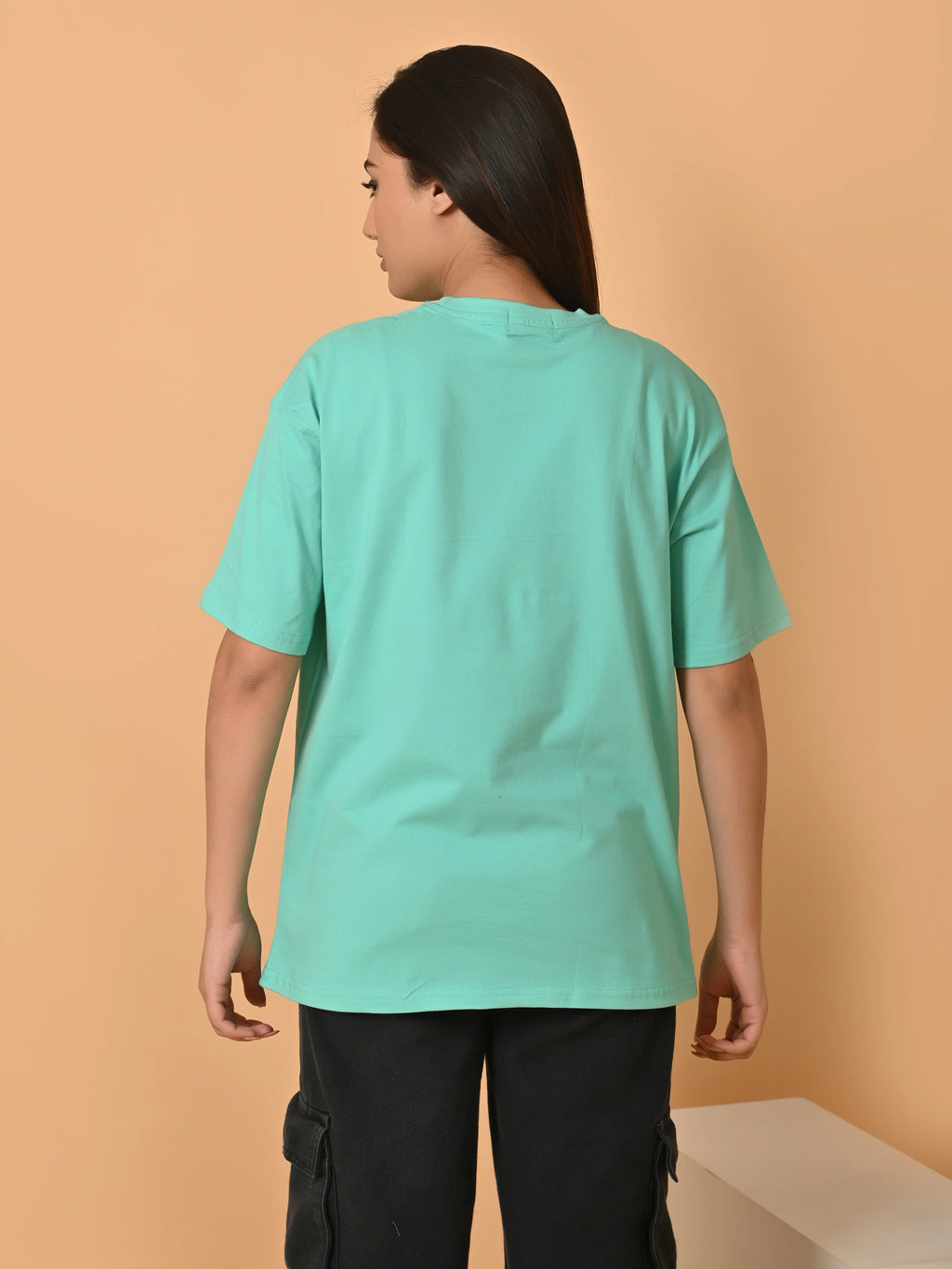 Women's Solid Sea Green Oversized Round Neck Cotton Lycra T-shirt