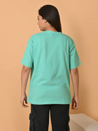 Women's Solid Sea Green Oversized Round Neck Cotton Lycra T-shirt